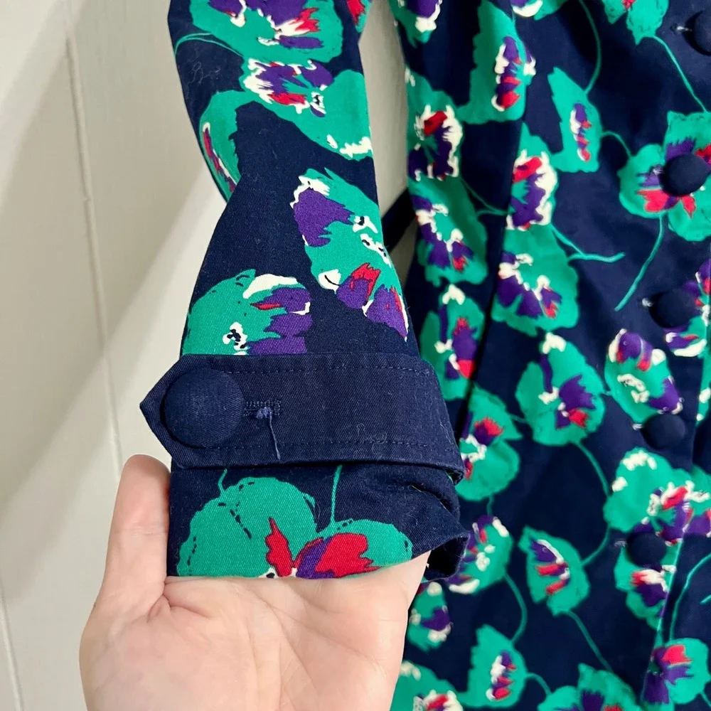 ModCloth Retro‎ Delightful Directions Poppy Floral Trench Coat Button Up Belt M
